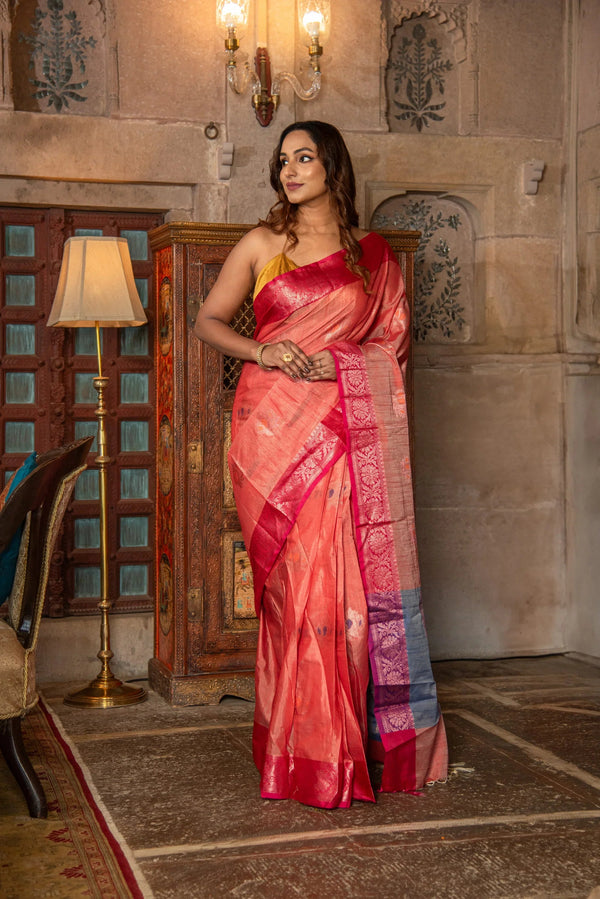 Danyah Banaras Cotton Silk With Pink Border Pre Draped Saree — image 1