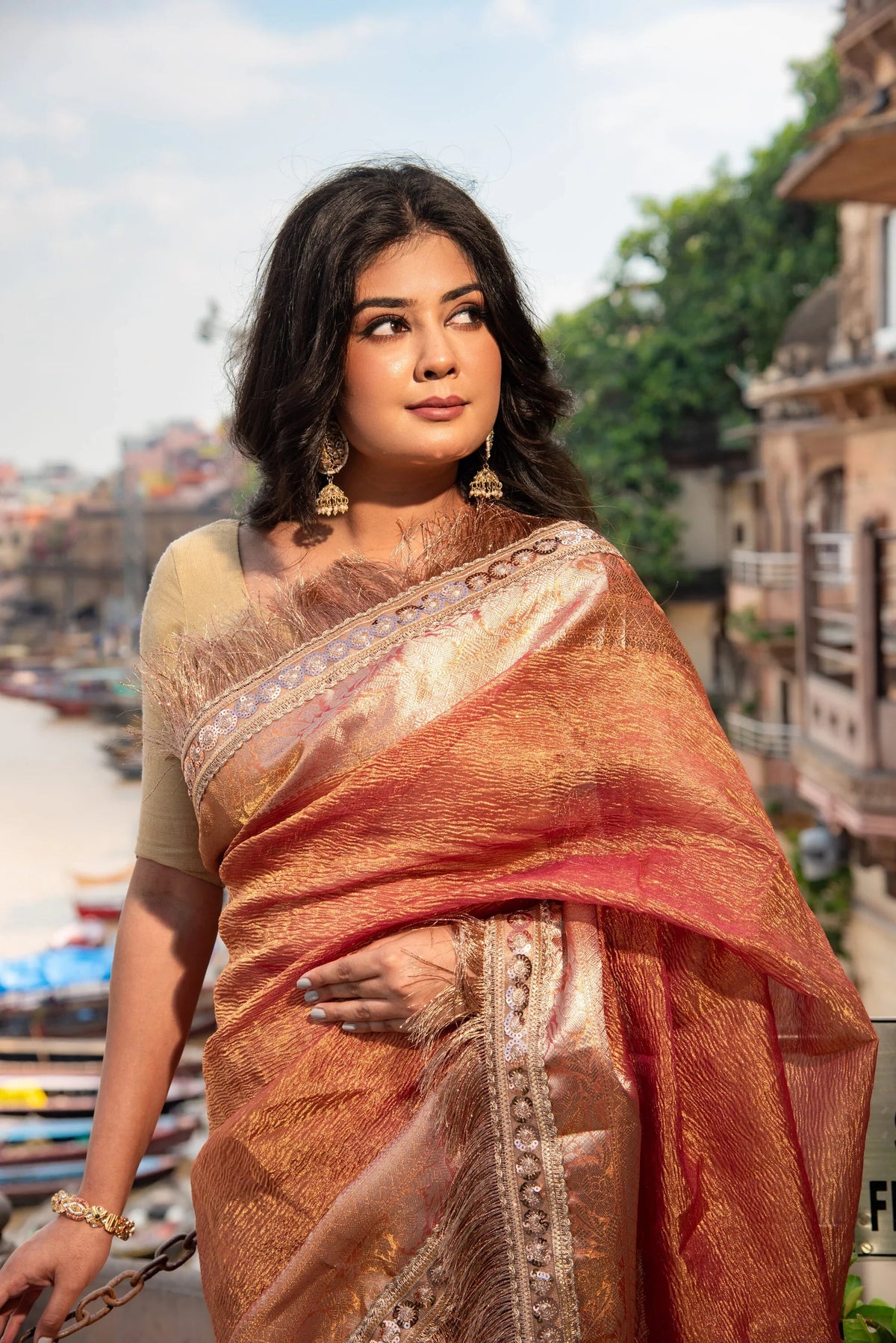 Danyah Banaras Crushed Tissue With Lace Work Pre Draped Saree — image 1