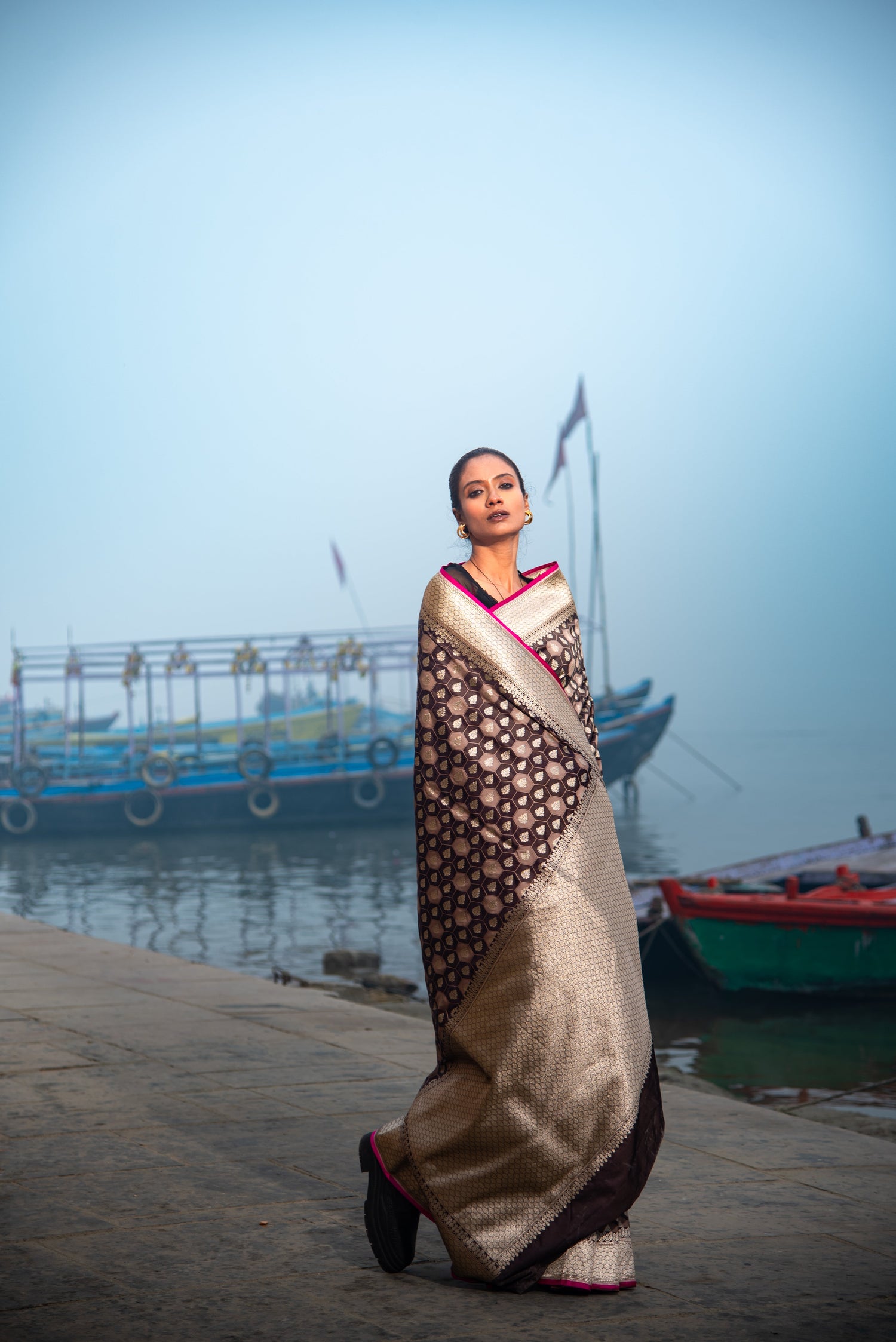 Danyah Banaras Fine Mashru Silk With Checkered Design Predraped Saree — image 6