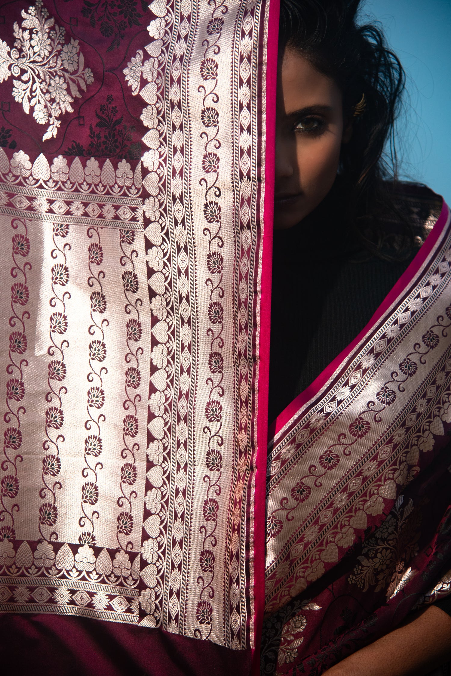Danyah Banaras Mashru Silk With Rose Gold Zari Predraped Saree