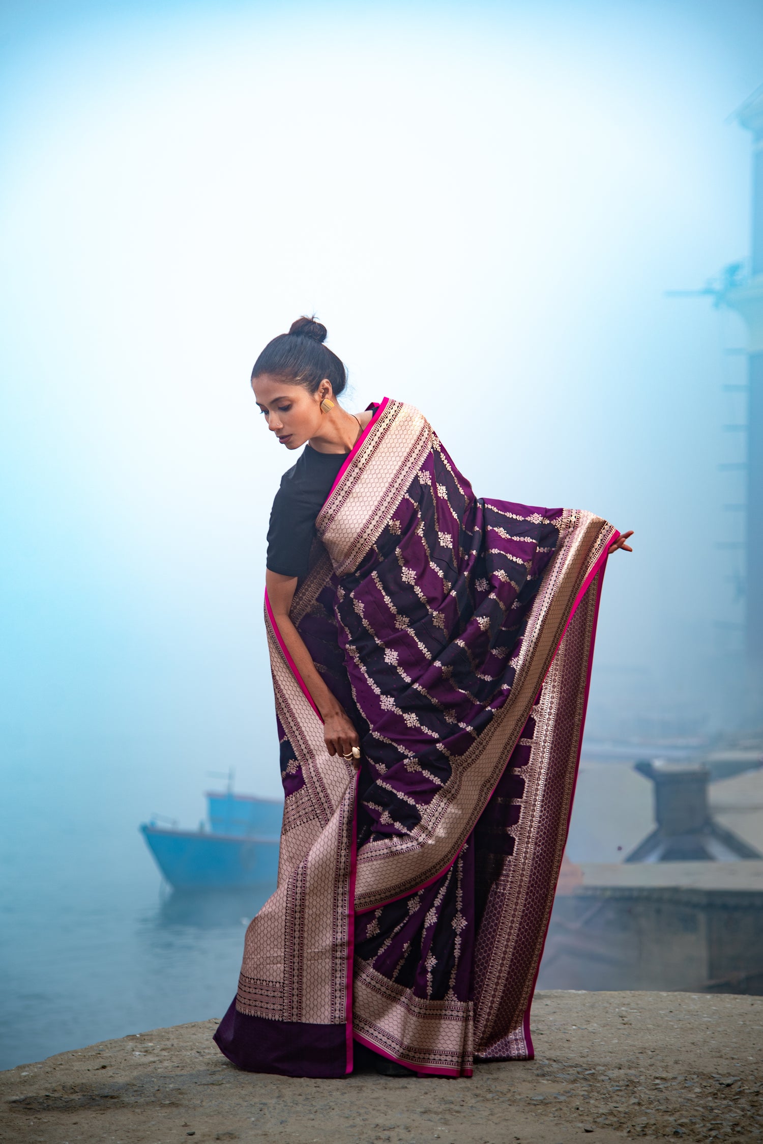 Danyah Banaras Mashru Silk With Vertical Zari Work Predraped Saree