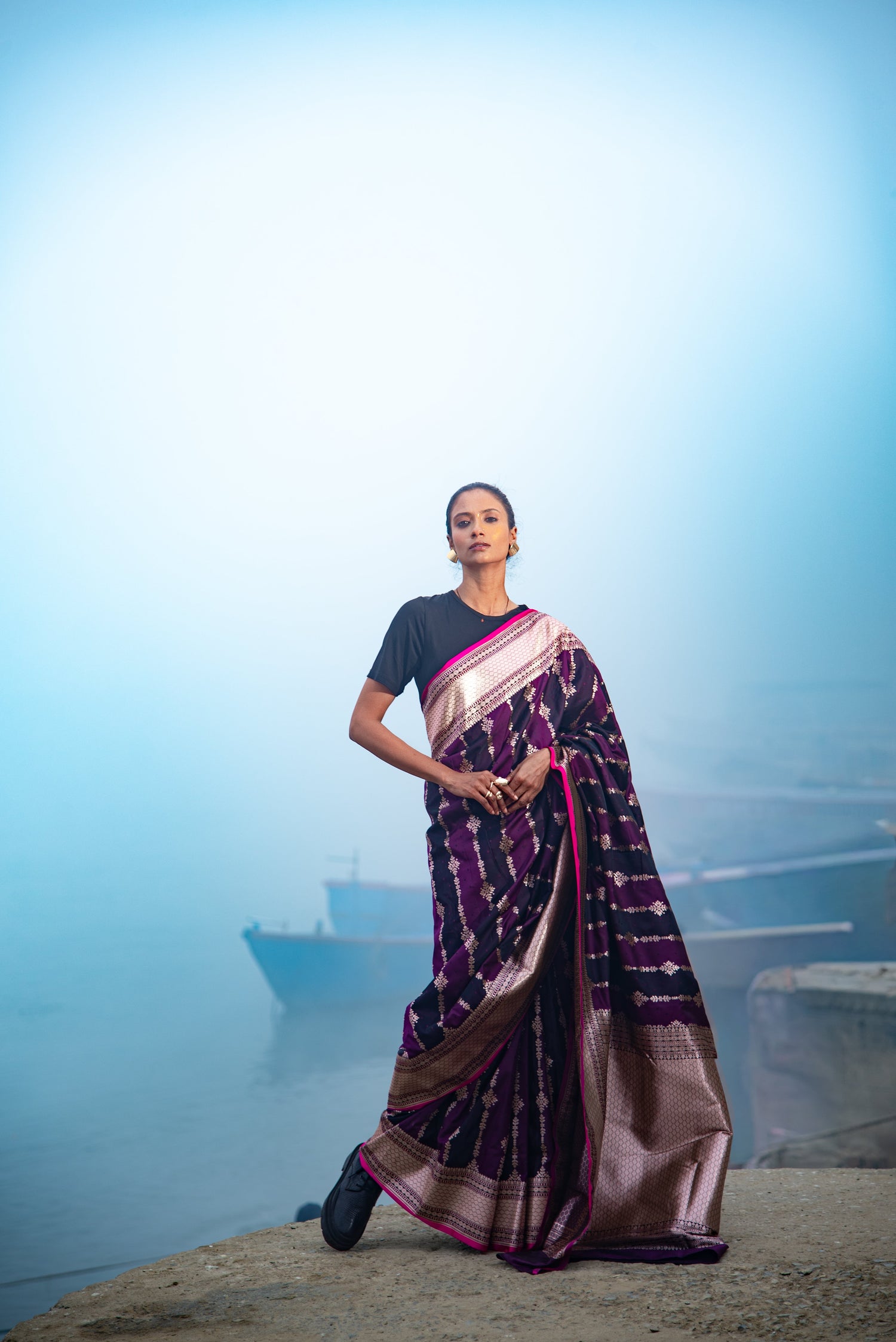 Danyah Banaras Mashru Silk With Vertical Zari Work Predraped Saree — image 1