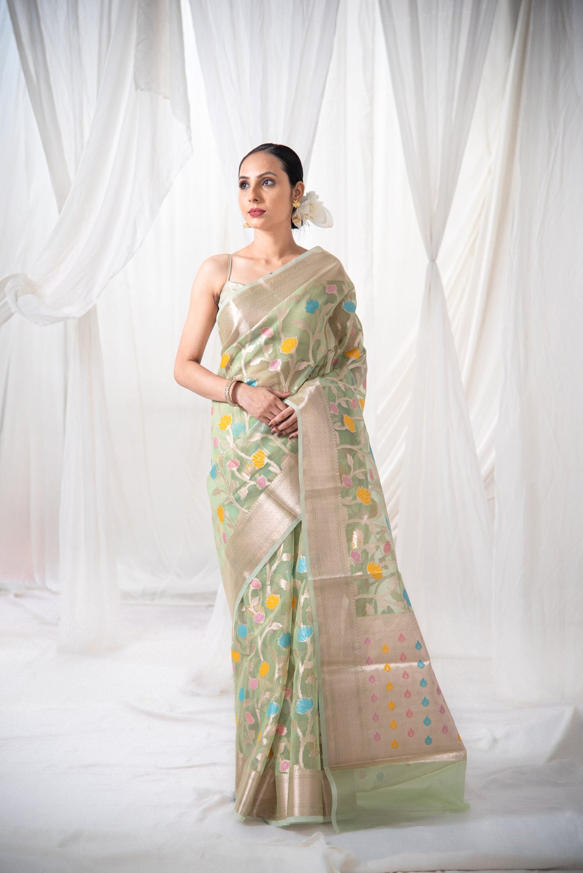 Danyah Banaras Meena Organza Jaal Pre Draped Saree — image 1