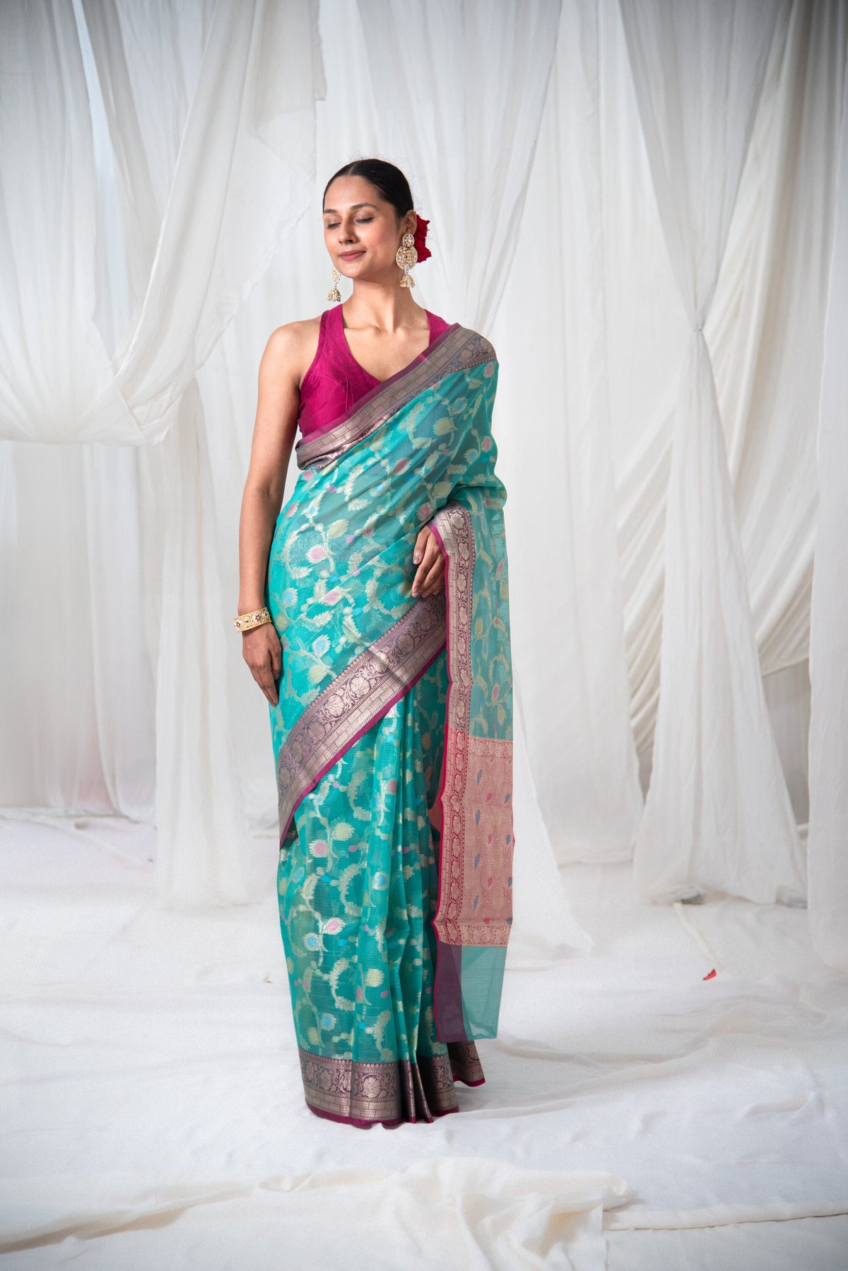 Danyah Banaras Organza Meenakari Pre Draped Saree — image 1