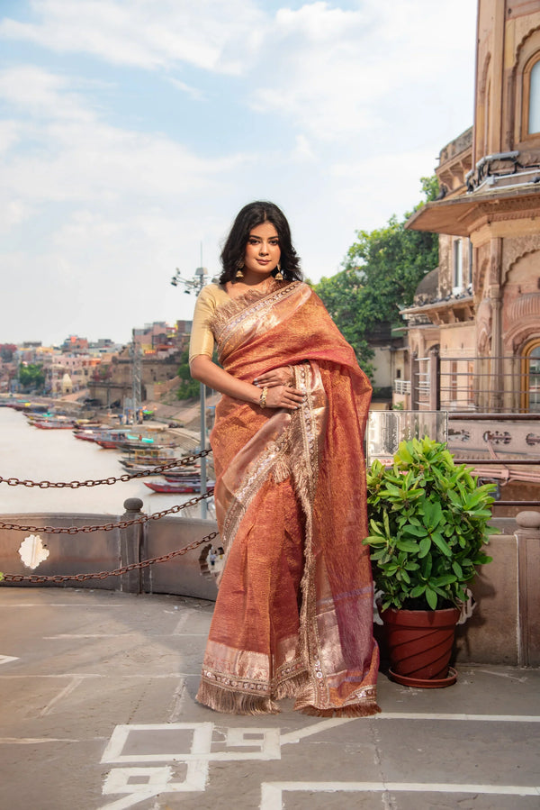 Woman wearing a copper crushed tissue Banarasi saree with lace work by riverside — alternate view (back / drape detail)