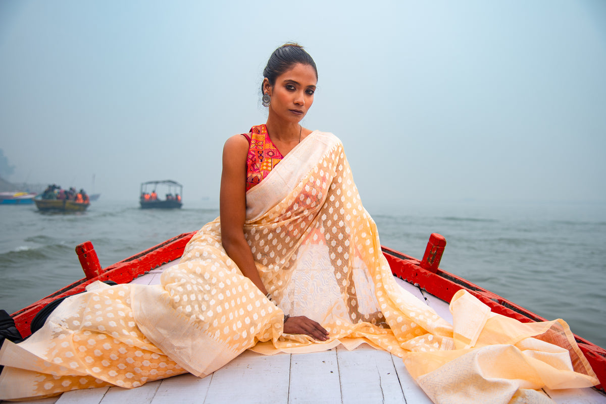Pre-draped saree for petite women in fine cotton by Danyah Banaras