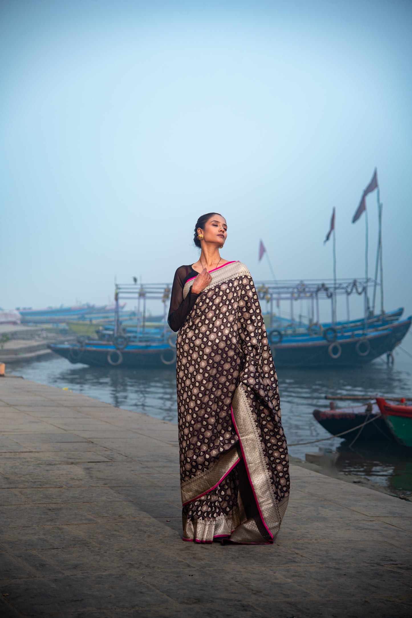 Danyah Banaras Fine Mashru Silk With Checkered Design Predraped Saree