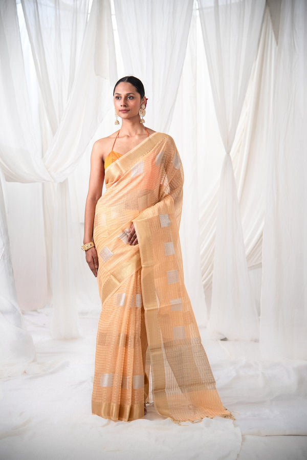 Danyah Banaras Linen Tissue Silk Pre Draped Saree — Camel of the Thar
