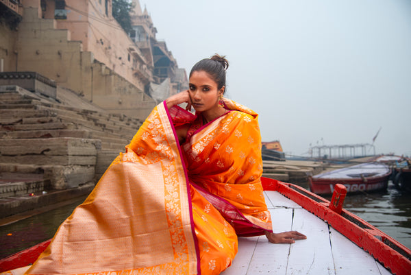 Danyah Banaras Mashru Silk Dhoop Chaun Predraped Saree — alternate view (back / drape detail)