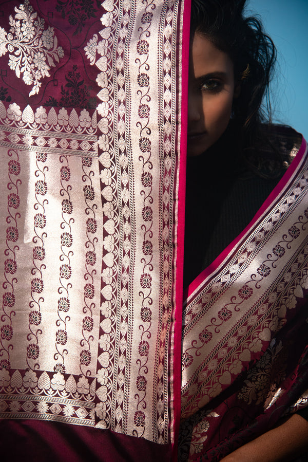 Danyah Banaras Mashru Silk With Rose Gold Zari Predraped Saree — image 2 — alternate view (back / drape detail)