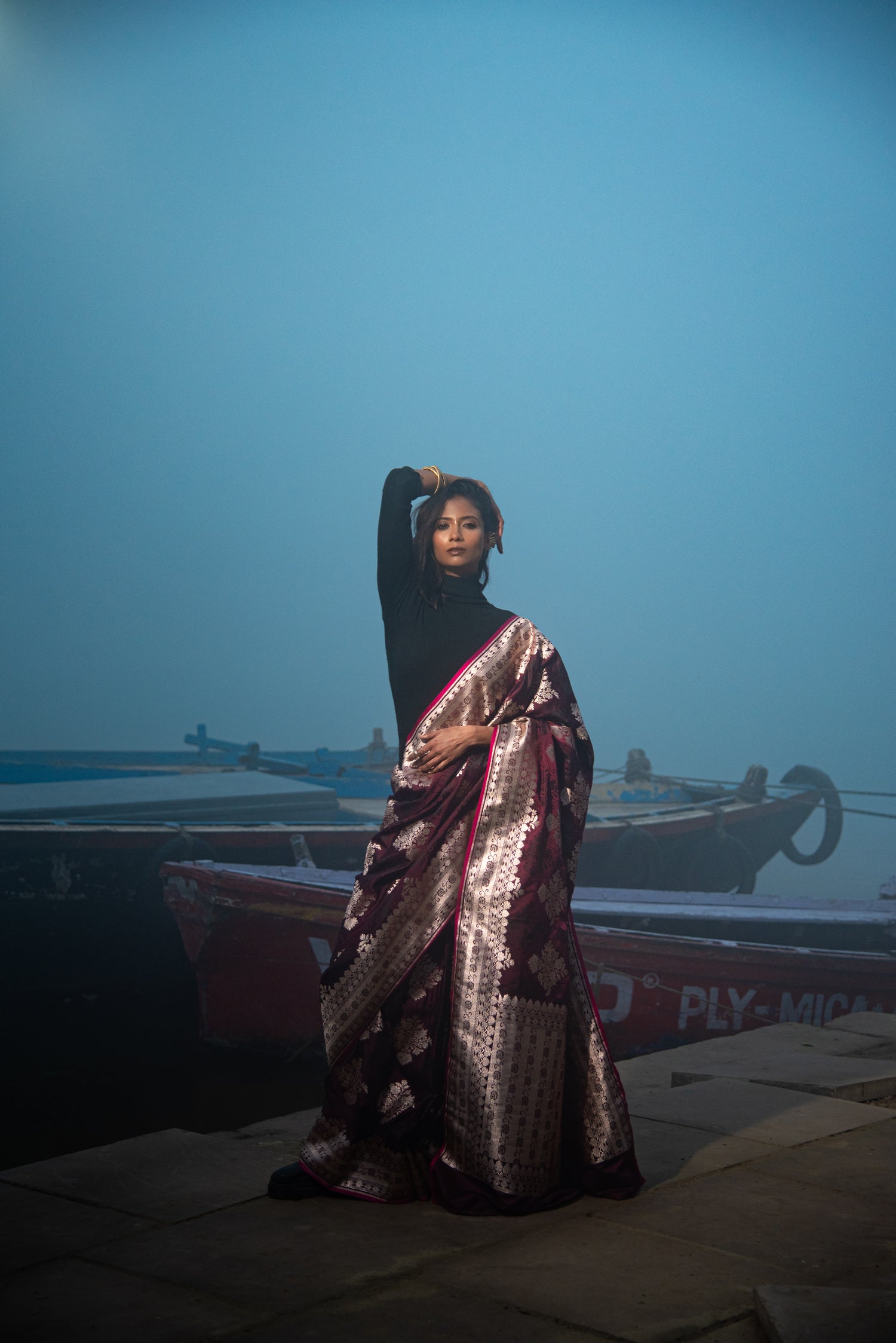 Danyah Banaras Mashru Silk With Rose Gold Zari Predraped Saree
