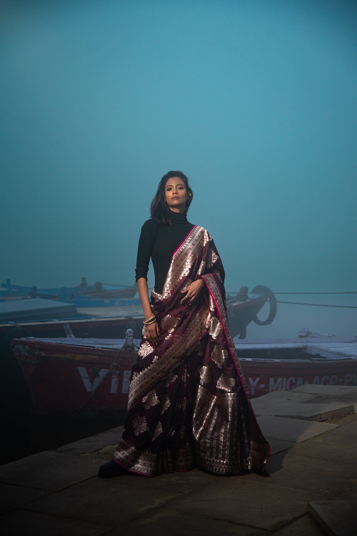 Danyah Banaras Mashru Silk With Rose Gold Zari Predraped Saree — image 5