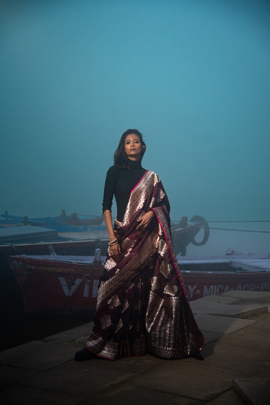 Danyah Banaras Mashru Silk With Rose Gold Zari Predraped Saree