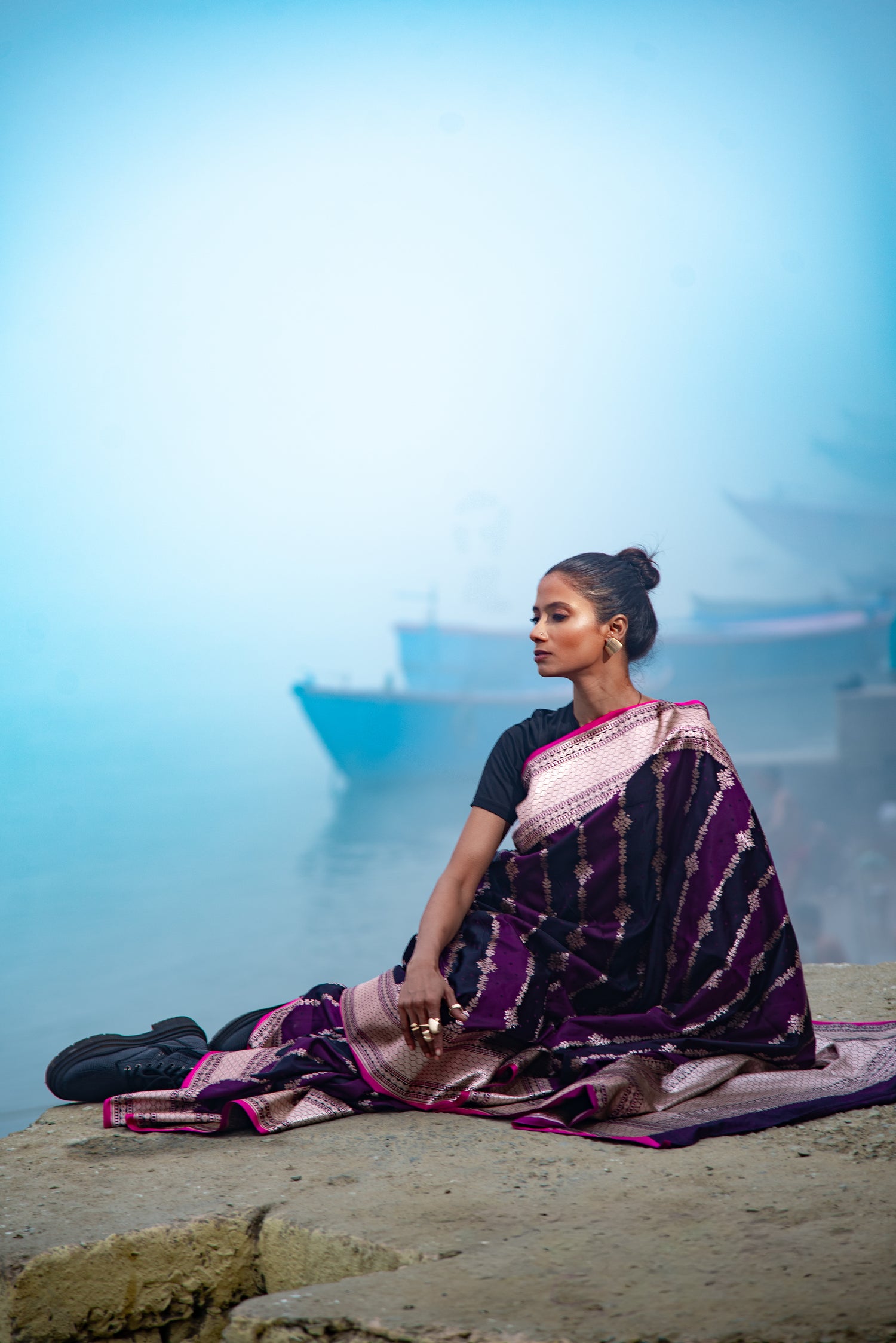 Danyah Banaras Mashru Silk With Vertical Zari Work Predraped Saree