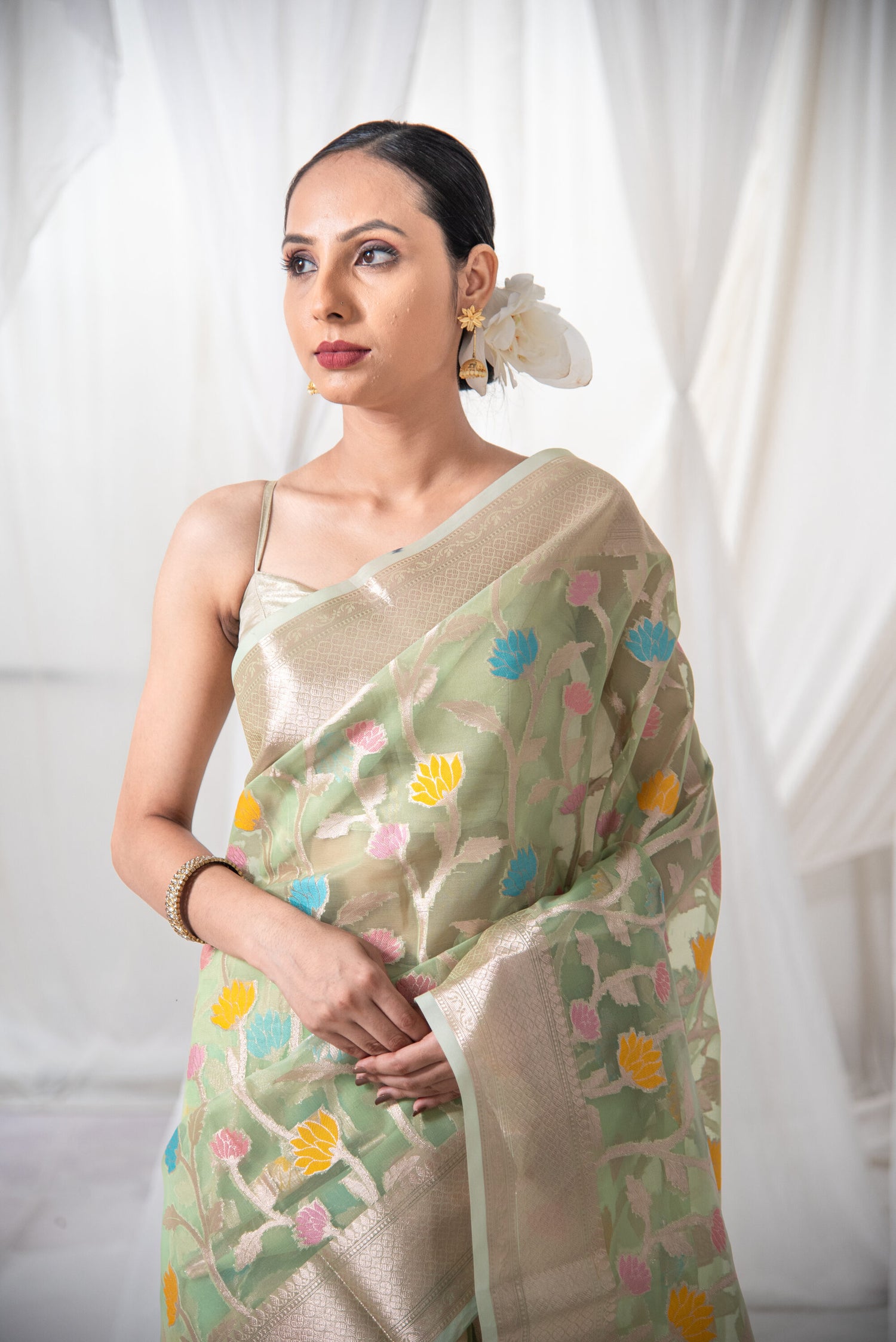 Danyah Banaras Meena Organza Jaal Pre Draped Saree