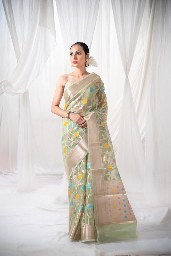 Danyah Banaras Meena Organza Jaal Pre Draped Saree — image 2 — alternate view (back / drape detail)