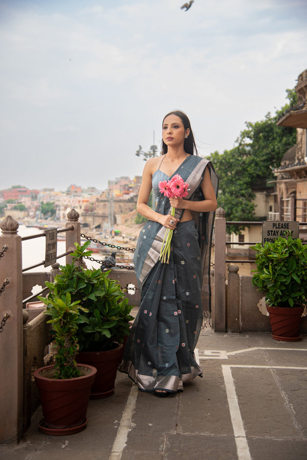 Danyah Banaras Plain Cotton Saree With Meenakari Work — alternate view (back / drape detail)