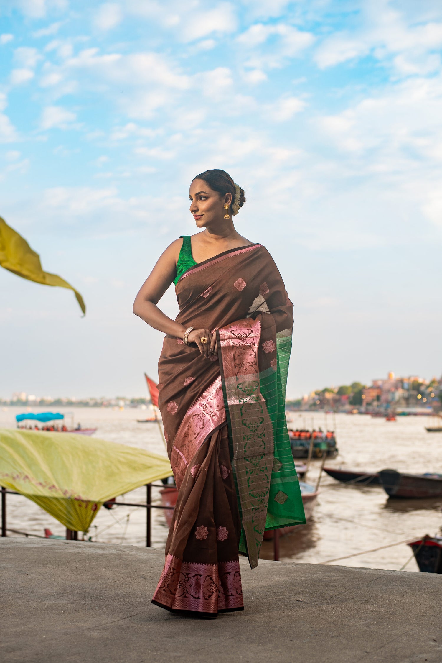 Danyah Banaras Semi Cotton Saree With Dual Tone Pre Draped Saree
