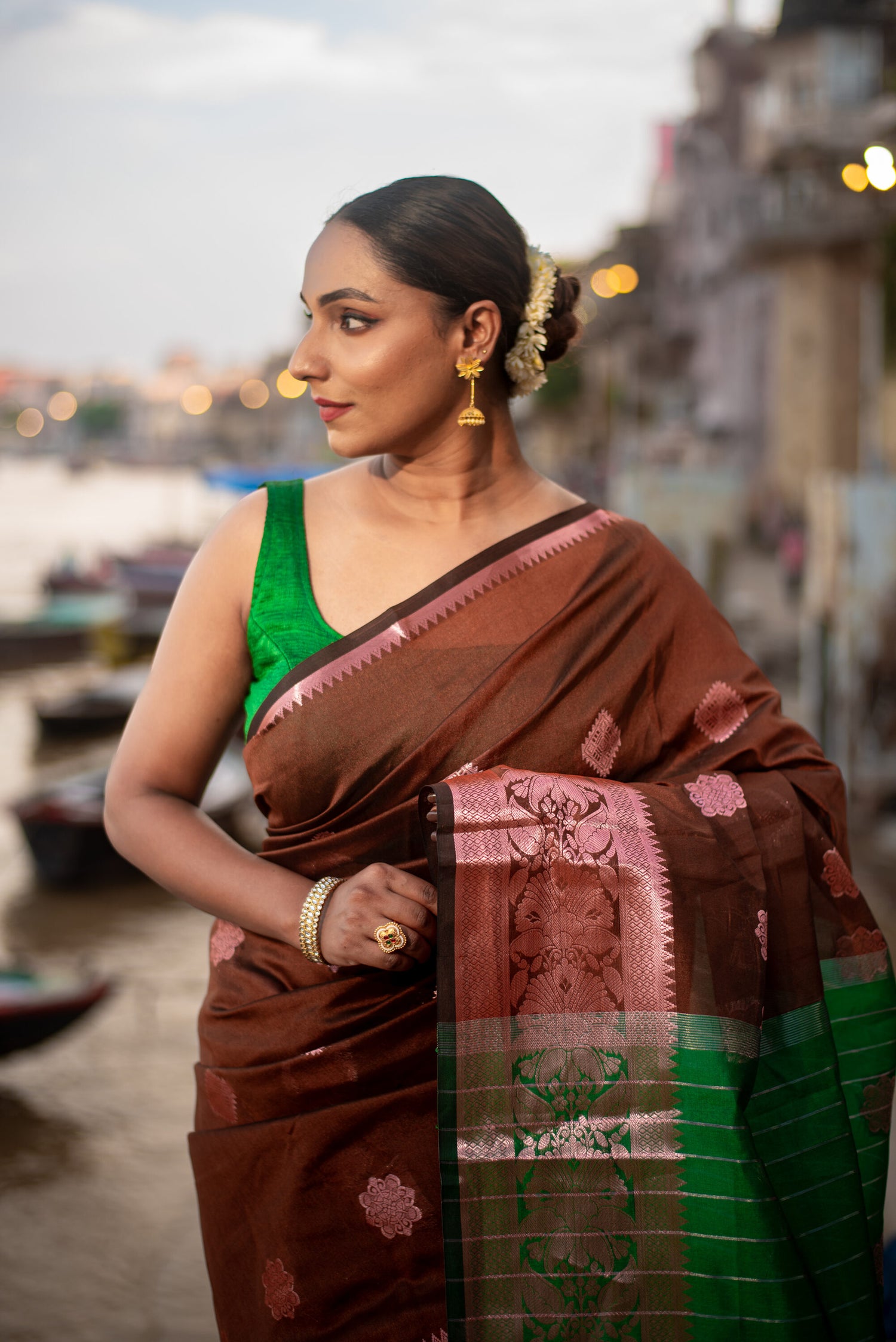 Danyah Banaras Semi Cotton Saree With Dual Tone Pre Draped Saree