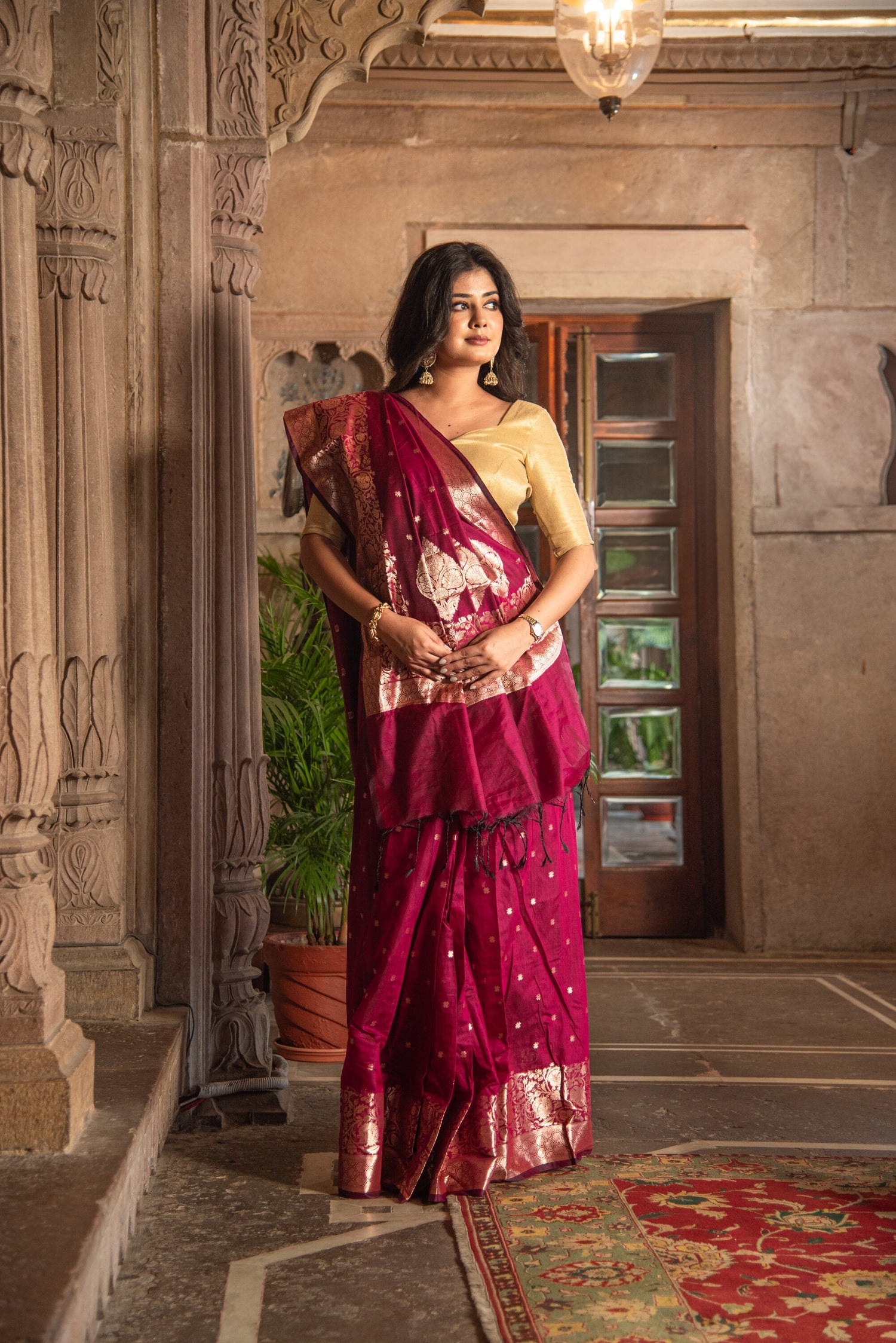 Danyah Banaras Semi Cotton Silk Pre Draped Saree — image 2