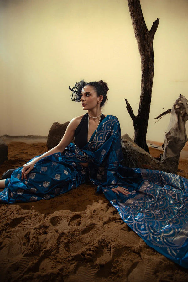 Danyah Banaras Semi Katan Silk Predraped Saree — image 2 — alternate view (back / drape detail)