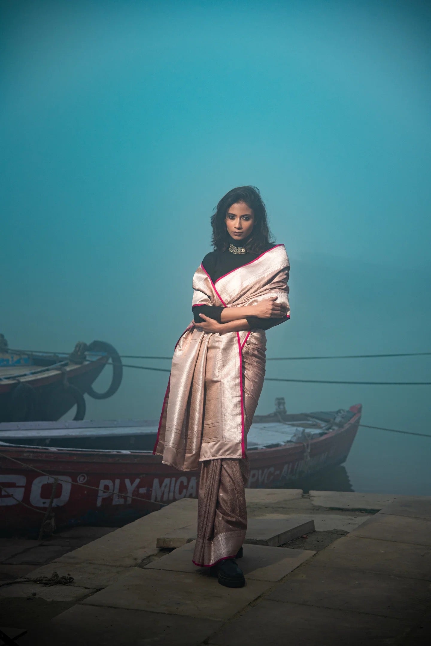 Danyah Banaras Tanchui Mashru Silk Predraped Saree — image 7