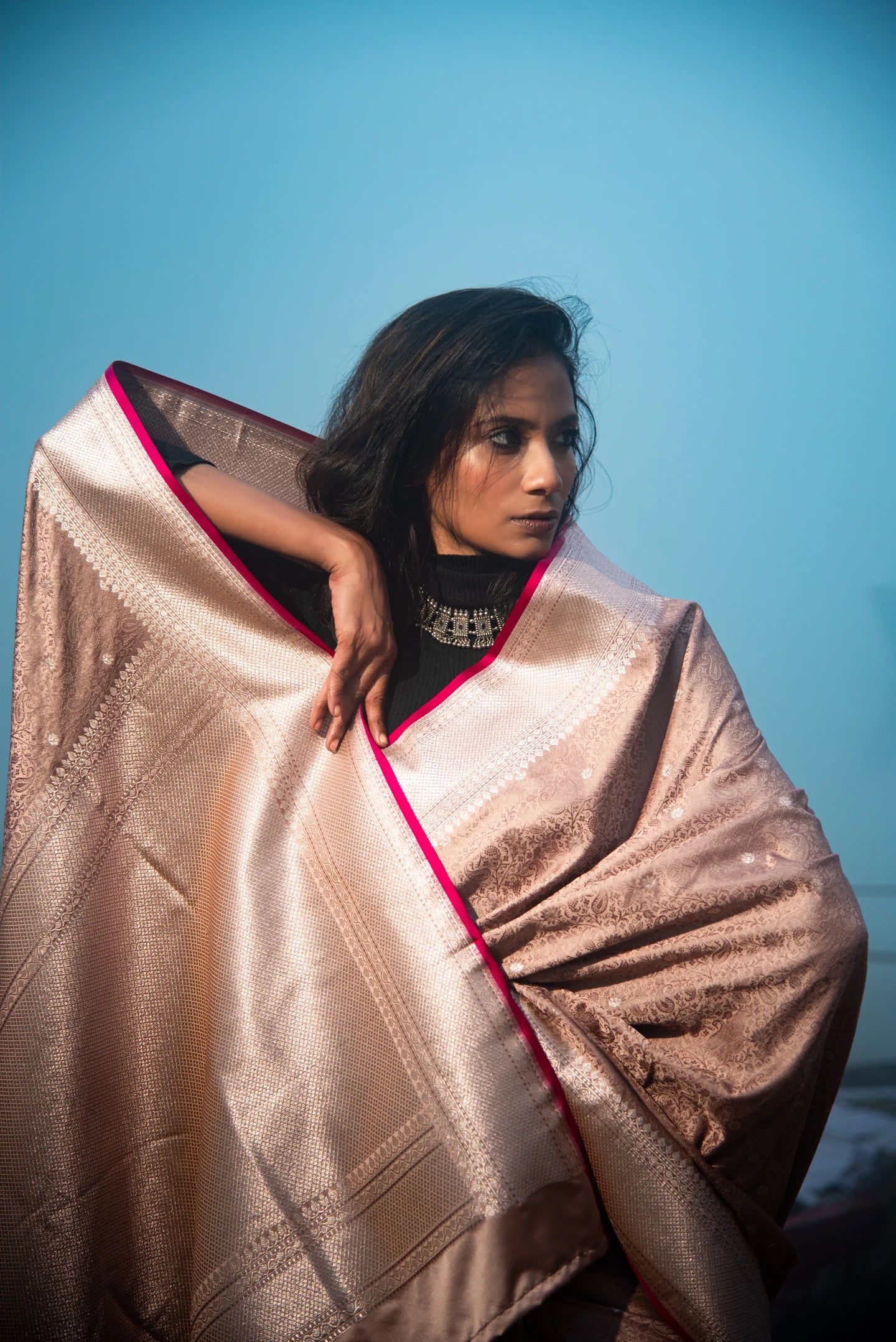 Danyah Banaras Tanchui Mashru Silk Predraped Saree — image 3