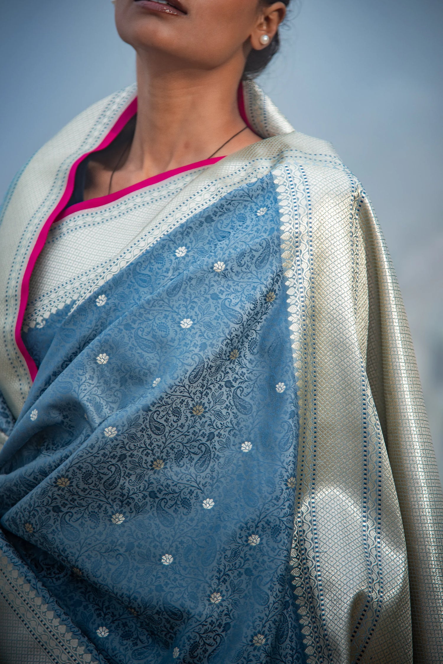Danyah Banaras Tanchui Mashru Silk With Peacock Detailing Predraped Saree