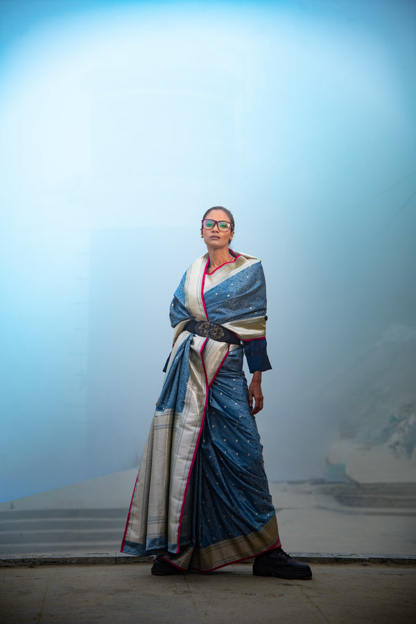 Danyah Banaras Tanchui Mashru Silk With Peacock Detailing Predraped Saree — alternate view (back / drape detail)
