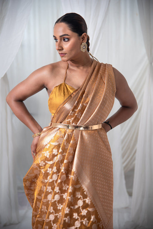 Elegant yellow pre-draped Banarasi saree in plain cotton, ideal for festive occasions and work events.