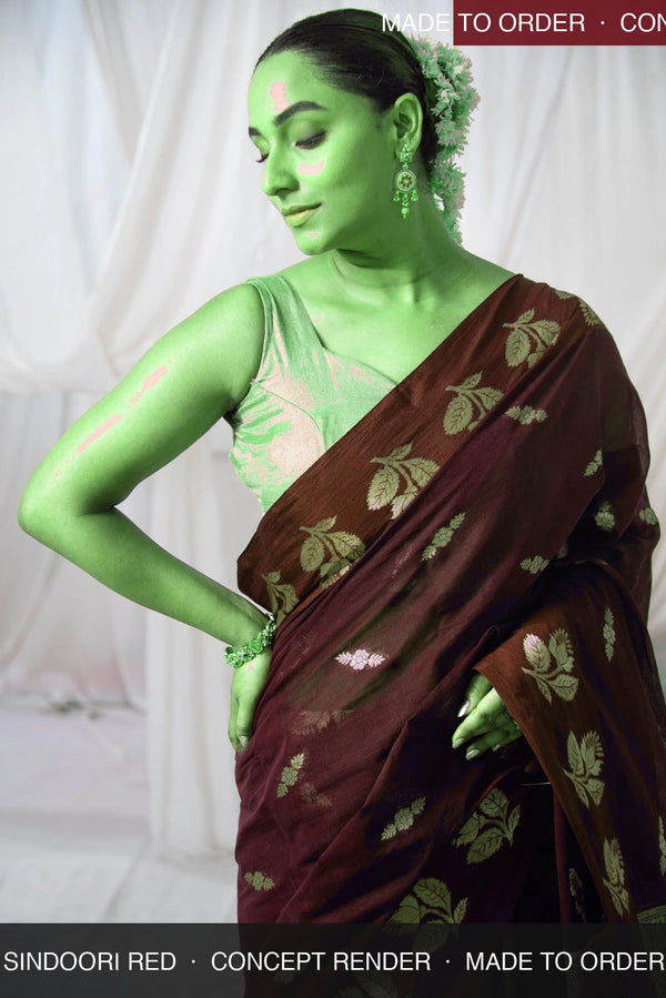 Danyah Banaras Cotton Raw Mango — concept render (made to order) — alternate view (back / drape detail)