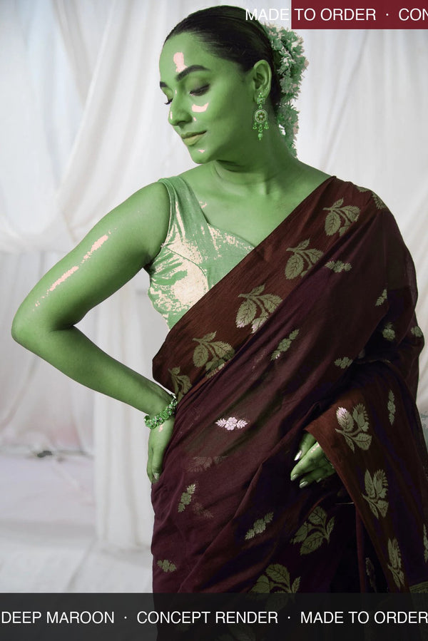 Danyah Banaras Cotton Raw Mango — concept render (made to order) — alternate view (back / drape detail)