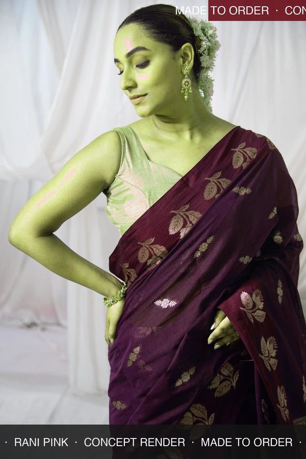 Danyah Banaras Cotton Raw Mango — concept render (made to order) — alternate view (back / drape detail)