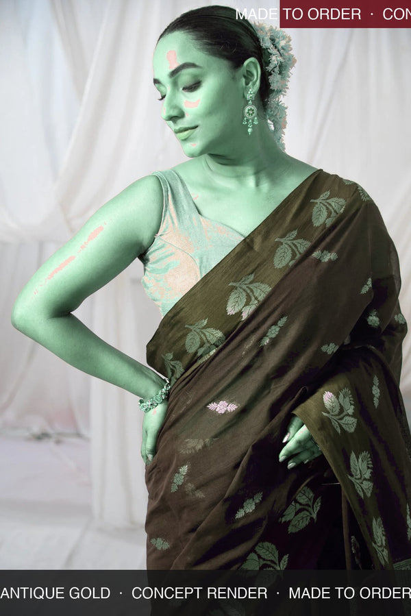 Danyah Banaras Cotton Raw Mango — concept render (made to order) — alternate view (back / drape detail)