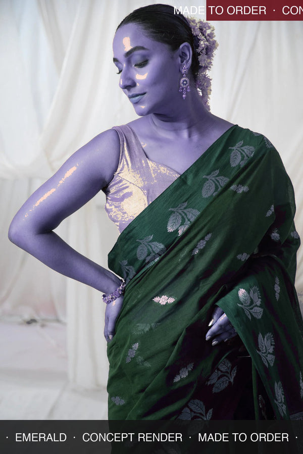 Danyah Banaras Cotton Raw Mango — concept render (made to order) — alternate view (back / drape detail)