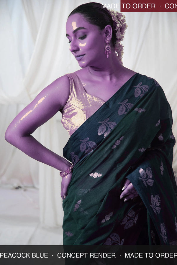 Danyah Banaras Cotton Raw Mango — concept render (made to order) — alternate view (back / drape detail)