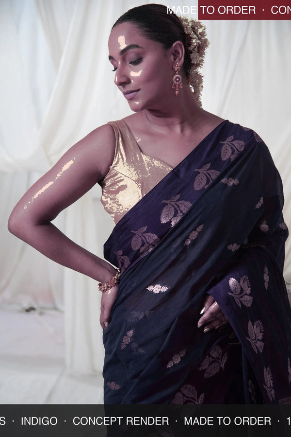 Danyah Banaras Cotton Raw Mango — concept render (made to order) — alternate view (back / drape detail)
