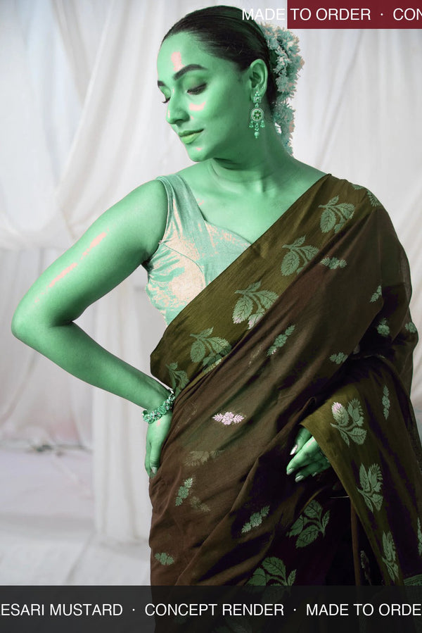 Danyah Banaras Cotton Raw Mango — concept render (made to order) — alternate view (back / drape detail)