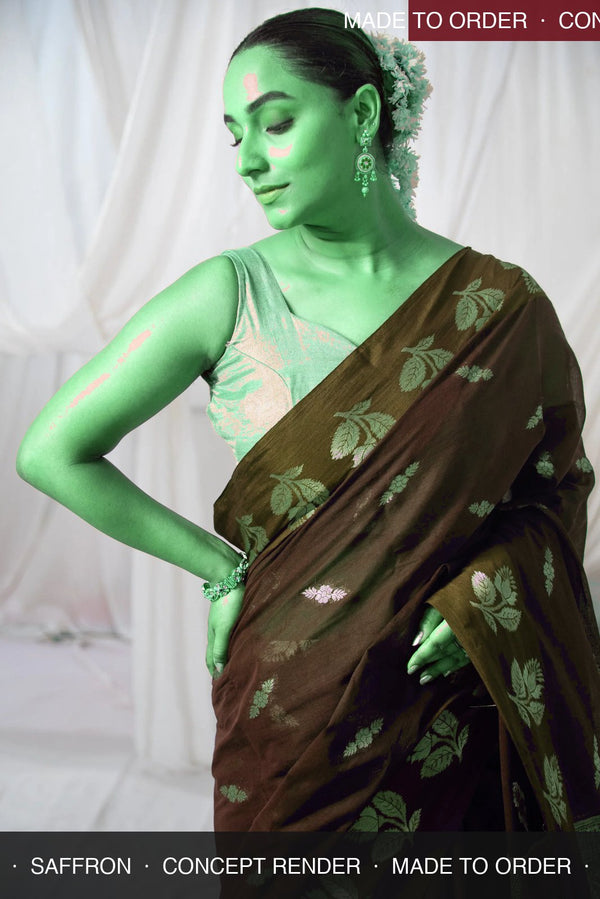 Danyah Banaras Cotton Raw Mango — concept render (made to order) — alternate view (back / drape detail)
