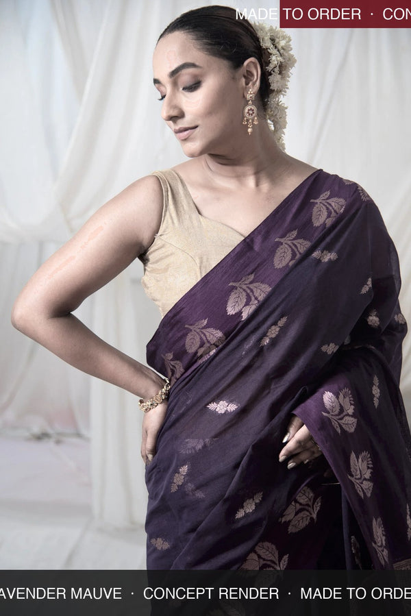Danyah Banaras Cotton Raw Mango — concept render (made to order) — alternate view (back / drape detail)