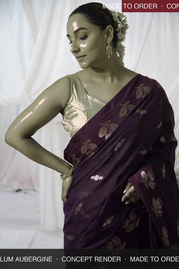 Danyah Banaras Cotton Raw Mango — concept render (made to order) — alternate view (back / drape detail)