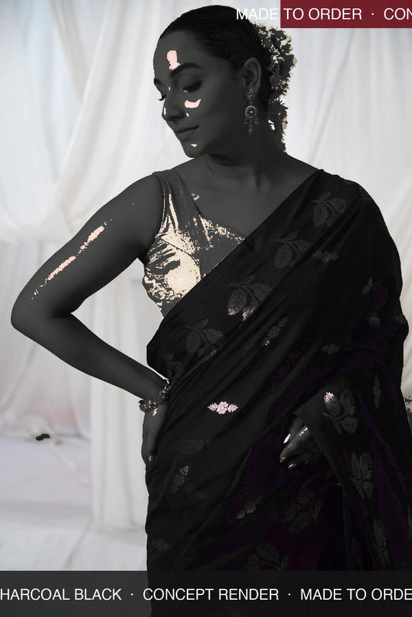 Danyah Banaras Cotton Raw Mango — concept render (made to order) — alternate view (back / drape detail)